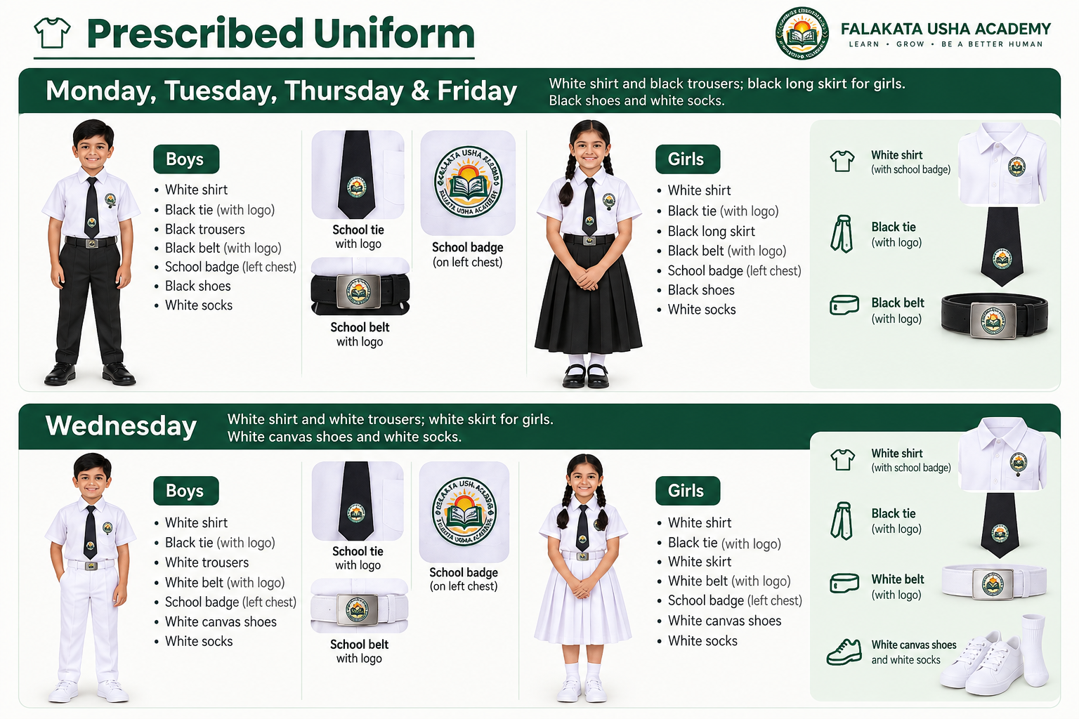 Falakata Usha Academy prescribed school uniform visual guide for boys and girls